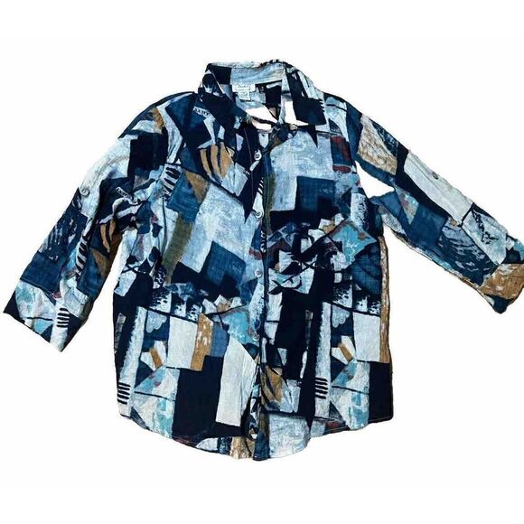 Dorman Art to Wear Womens XL Blue Tone Geometric Pattern Button Front Shirt - Picture 6 of 7